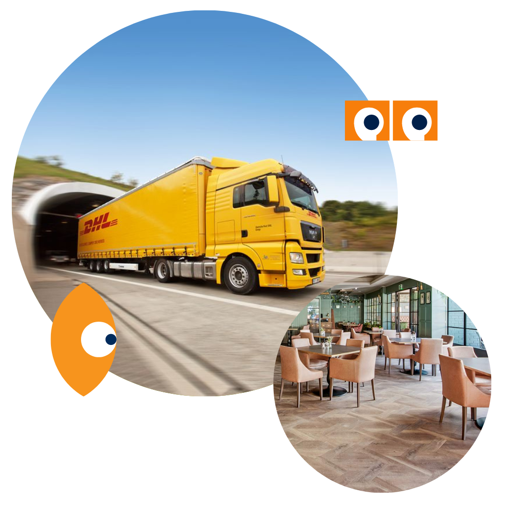 A yellow DHL truck drives out of a tunnel