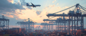 A plane flying over a congested sea port